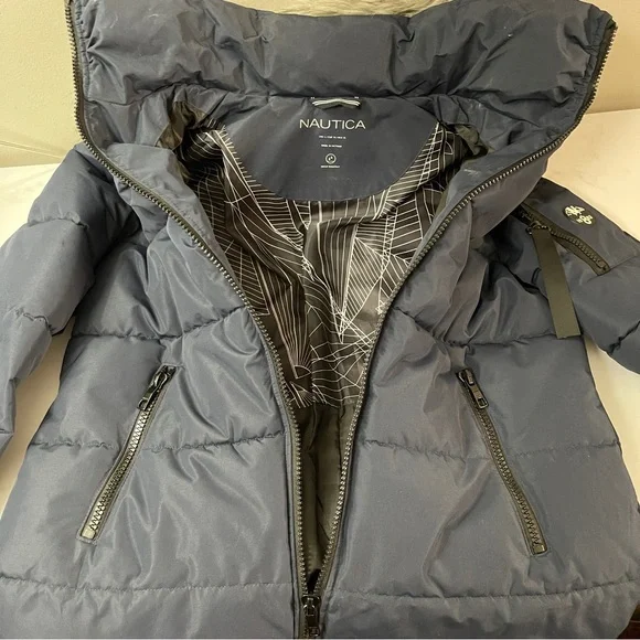 Nautica Navy Blue Puffer Mid Length Jacket Removable Faux Fur Hooded Ski Coat L - Picture 6 of 10